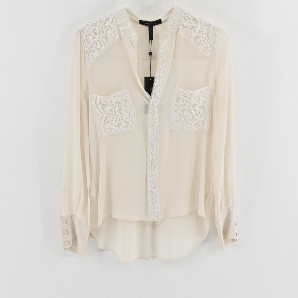BCBGMAXAZRIA‎ Erica Lace Silk Blouse Womens Size S Cream Sheer Chiffon Romantic